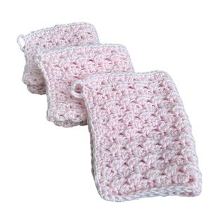 Handcrafted Crochet Wash Cloths Set 3 Solid Baby Pink Yarn Handmade Baby Wipes